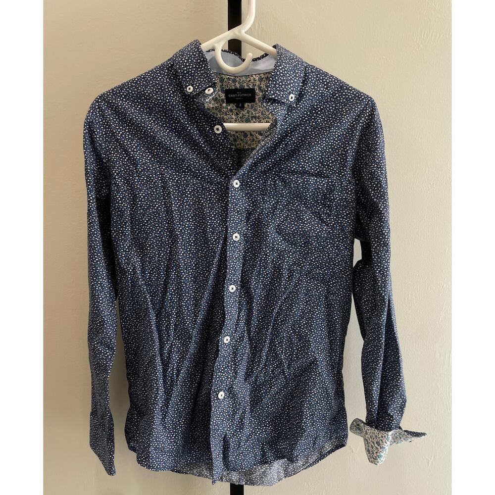 Rue Saint Patrick Floral Shirt Mens S Blue Dainty Cotton Button Down Long Sleeve